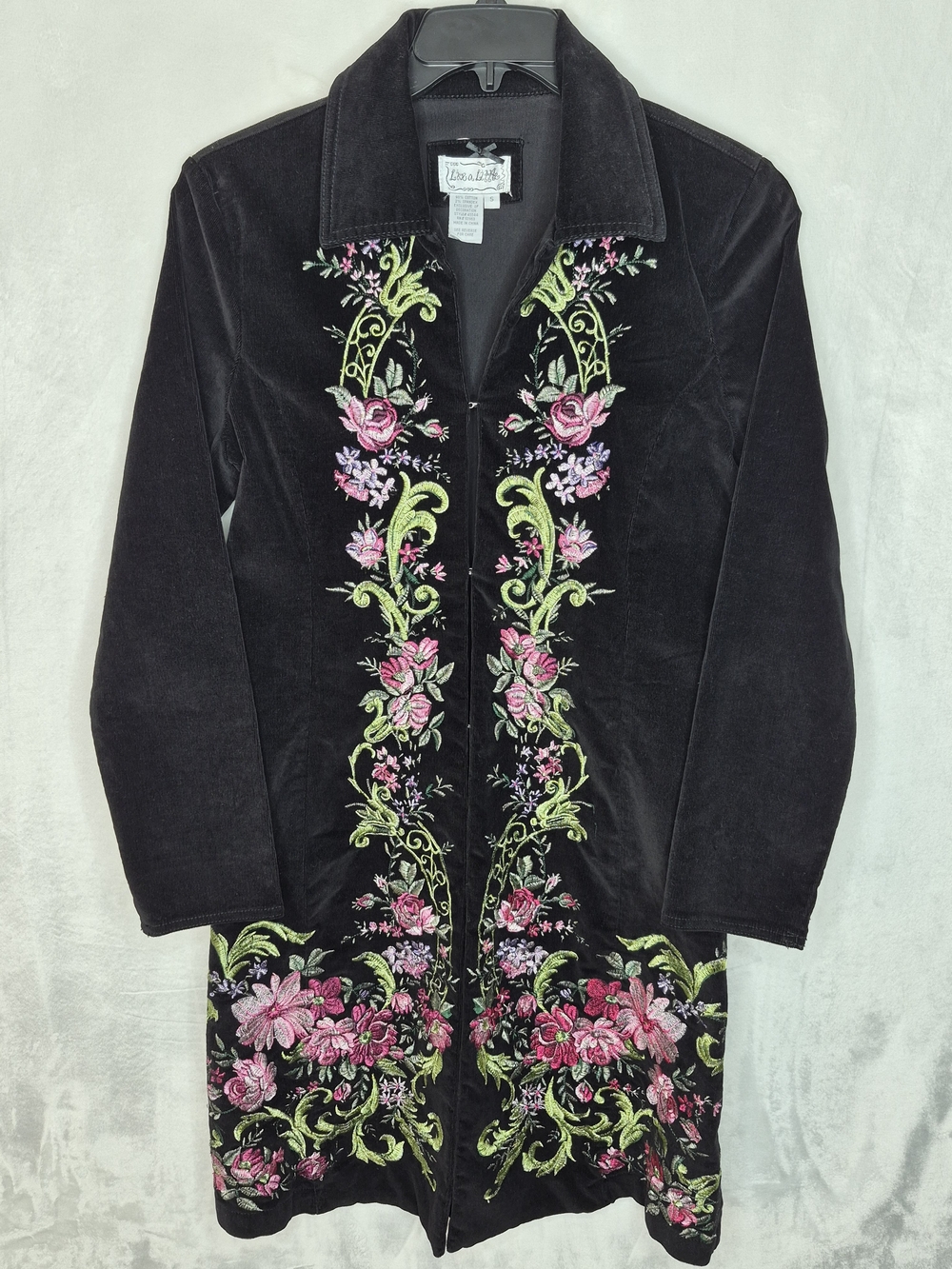 Velvet Floral Embroidered Long Coat - Black with Pink & Green